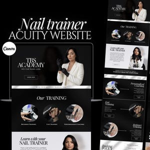 Op de afbeelding: Een website-ontwerp voor een nageltrainer, met een zwart-wit kleurenschema. Het ontwerp bevat de tekst "TBS ACADEMY" en "Nail trainer ACUITY WEBSITE". De website toont trainingsopties en boekingsinformatie.