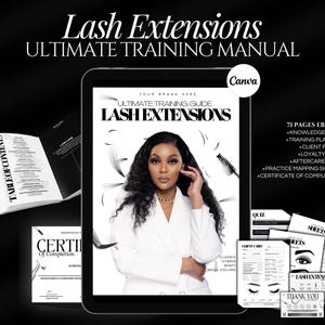 Op de afbeelding: Een digitale trainingshandleiding voor wimperextensions. De omslag toont een vrouw met lang zwart haar die een wit shirt draagt. De titel van de handleiding is "Ultimate Training Guide Lash Extensions". De handleiding bevat 71 pagina's aan inhoud, waaronder een kennisquiz, een trainingsplanner, klantformulieren, een loyaliteitskaart, een nazorgkaart, oefenkaarten voor het in kaart brengen en een certificaat van voltooiing.