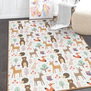 Niedliche Tiere Baby Zimmer Teppich | Kinderzimmer Dekor | Waschbarer rechteckiger Boho-Babyteppich | Lustige Kinderteppiche | Cartoon gemusterter Teppich | Rutschfeste Teppiche