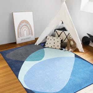 Blauer Abstrakter Moderner Teppich|Blauer Teppich|Geometrischer Teppich|Farbblock Teppich|Designer Teppich|Minimalistischer Teppich|Kinderteppich