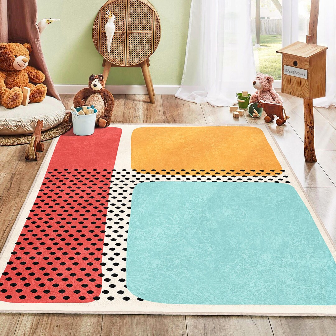 Geometric Nursery Rug | Colorful Abstract Kids Play Mat, Washable - Etsy