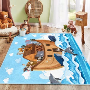Alfombra infantil con temática del Arca de Noé, alfombra de juegos de aventuras, alfombra infantil con temática del océano, alfombra educativa para guardería, alfombra de juegos con animales, alfombra de juegos con dibujos de marineros