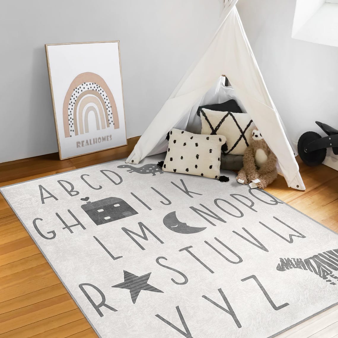 ABC Kids Room Rug|alphabet Toddler Mat|gray Nursery Carpet|modern ...
