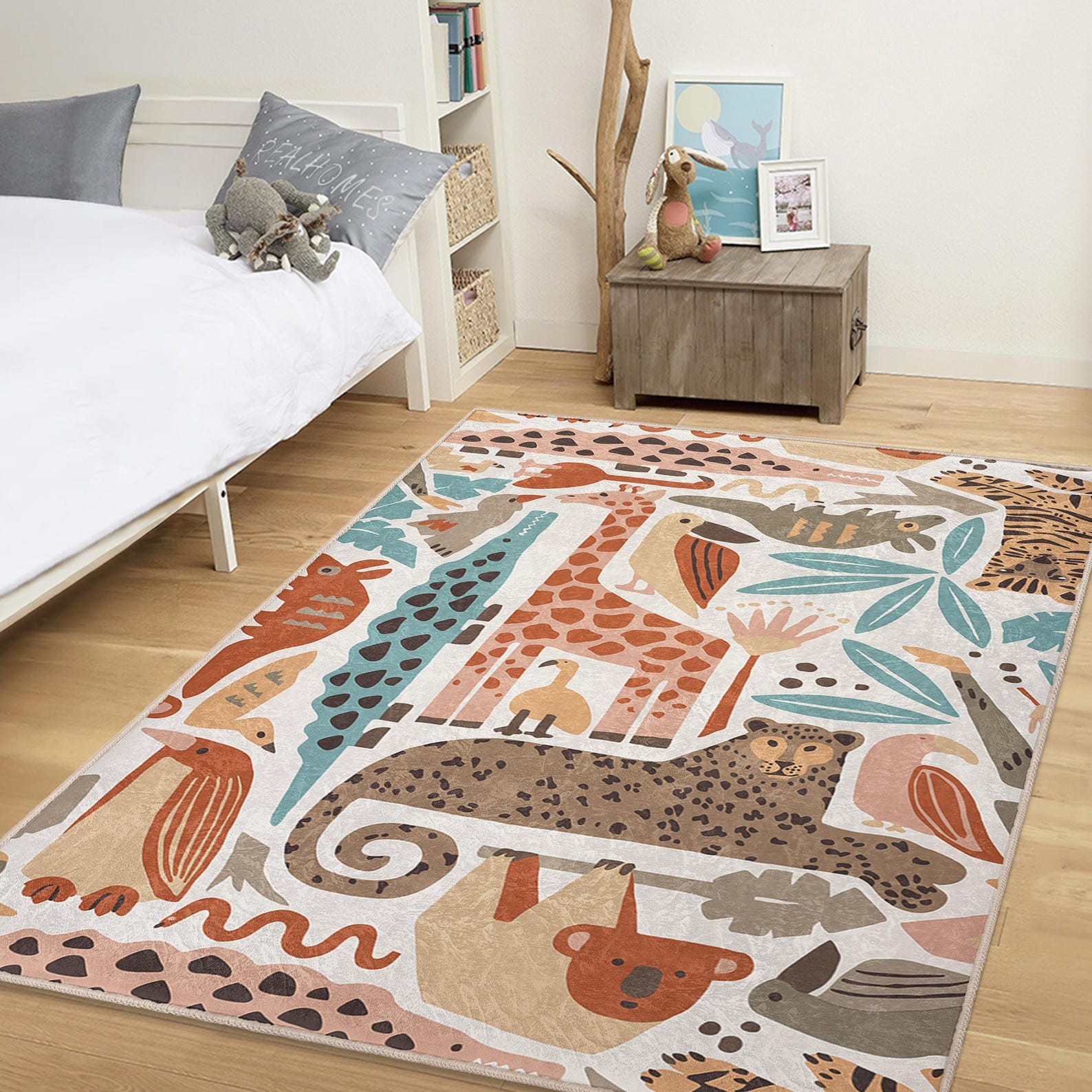 Jungle Animals Nursery Rug|safari Kids Rug|boho Beige Babyroom Mat ...