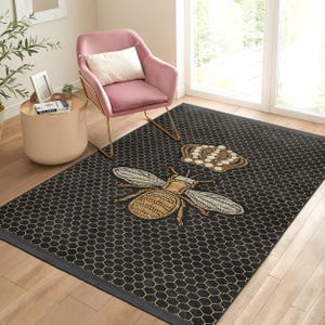Alfombra de sala de estar con diseño de abejas en forma de panal, con estampado de abeja reina, en negro y dorado, estilo rústico inspirado en la naturaleza, estilo bohemio con abejas, antideslizante.