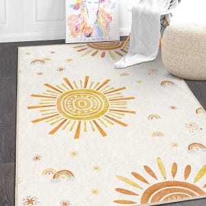 Sun Patterned Nursery Rug|Colorful Rainbow Kids Room Rug|Pastel Colored  Area Rug|Boho Babyroom Carpet|Modern Kids Play Mat|Washable Carpet