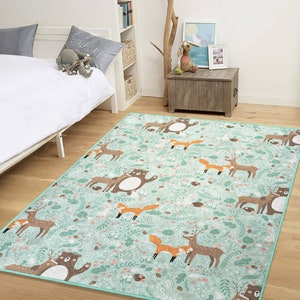 Süße Tiere gemusterter Kinderteppich|Wald- und Tiermotiven Babyzimmer Teppich|Süße Tier Baby Spielmatte|Zoo Tier Kinderteppich|Waschbarer Teppich