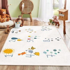 Dekorativer Kinderteppich|Tiere und Zahlen Kleinkind Spielzimmer Teppich|Nummerierter Montessori Teppich|Kinderzimmer Teppich|Anti-Allergie