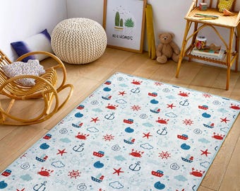 Tapis marin pour chambre de bébé|Décoration de chambre de bébé marin|Tapis de jeu pour enfants avec animaux marins|Tapis de chambre sur le thème de l'océan