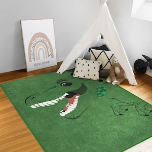Green Dino Toddler's Room Rug|Dinosaur Kids Playroom Carpet|Cartoon Dino Floor Mat|Gift For Baby Boy|Cute Dino Pattern Mat|Green Play Mat