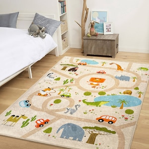Safari-Kinderteppich|Kinderteppich|Safari gemusterter Teppich|Safari Teppich|Gemusterte Kinder Spielmatte|Süße Kinder Zoo-Spielmatte|Safari Map Teppich