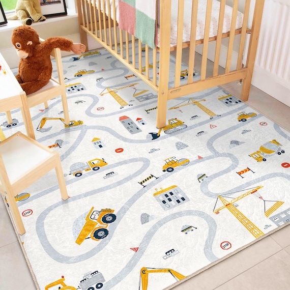 Construction Rug For Kids| Car Nursery Play Mat|Boys Room Carpet|Car Road Rug|Kids Activity Mat|Non Slip Activity Mat|Truck Kids Rug