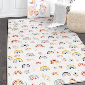 Alfombra de habitación de bebé con patrón de arcoíris de colores/ Decoración de habitación de niña/ Alfombra de bebé Boho rectangular lavable / Alfombras divertidas para niños / Alfombras decorativas