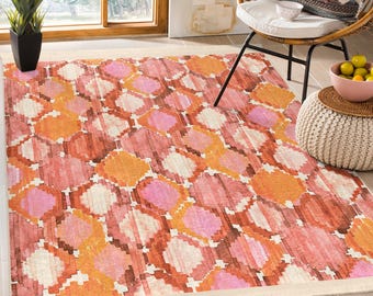 Orange Geometric Pattern Rug|Boho Area Carpet|Abstract Design Kitchen Mat|Colorful Living Room Rug|Boho Area Rug|Tribal Pattern Rug