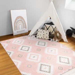 Pink Boho Aztec Kids Rug|Pastel Baby Room Carpet|Geometric Playroom Mat|Geometric Play Mat|Soft Colored Nursery Rug|Minimal Rug|Washable