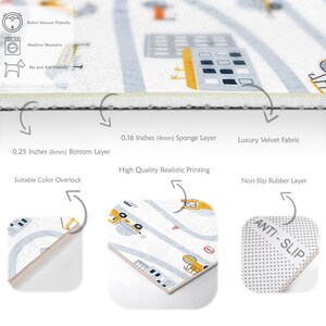 May include: A white play mat with a road design featuring yellow vehicles and gray buildings. The mat is machine washable, pet and kid-friendly, and has a non-slip rubber layer. It has a 0.25-inch bottom layer and a 0.16-inch sponge layer.