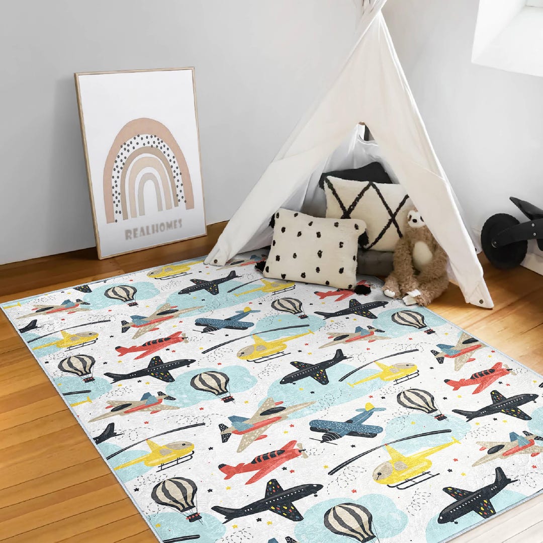 Colorful Airplane Kids Rug|helicopter Patterned Nursery Play Mat ...