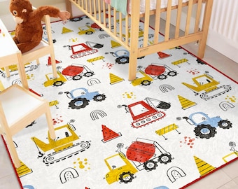 Construction Nursery Rug|Truck Boy Room Play Mat|Bulldozer Tractor Themed Babyroom Carpet|Gift For Boy|Soft And Washable Kids Rug|Truck Rug