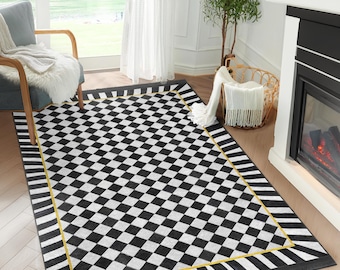 Checkered Area Rug | Modern Black and White Non-Slip Carpet