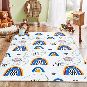 Multicolor Rainbow Kids Play Mat|Rainbow Patterned Kids Room Rug|Boho Babyroom Decor|Washable Kids Carpet|Hand Drawn Rainbow Children Rug