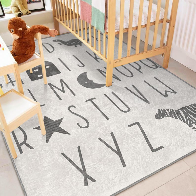 ABC Kids Room Rug|alphabet Toddler Mat|gray Nursery Carpet|modern ...