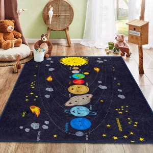 Weltraum-Kinderaktivitätsteppich|Pädagogische Planeten Kinderteppich|Galaxy Kinderzimmerteppich|Sonnensystem Rutschfester Babyzimmerteppich