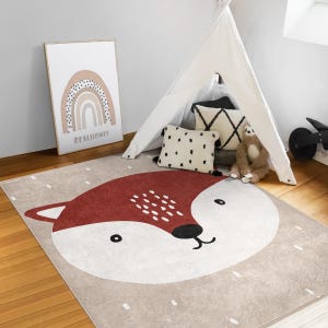 Fuchs gemusterten Kinderzimmer Teppich|Tierkinderzimmer Teppich|Skandinavischer Kinderteppich|Neutrale Krabbeldecke|Walddekor Für Kinder|Boho Babyzimmer