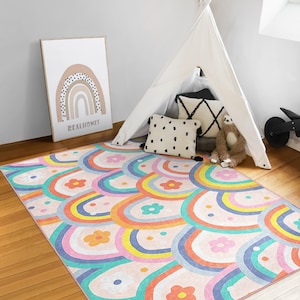 Bunter Regenbogen Kinderteppich|Blumen und Regenbogen Teppich|Blumenteppich Für Baby Mädchen|Bunter Neugeborener Teppich|Kleinkind Spielmatte|Kinderteppich