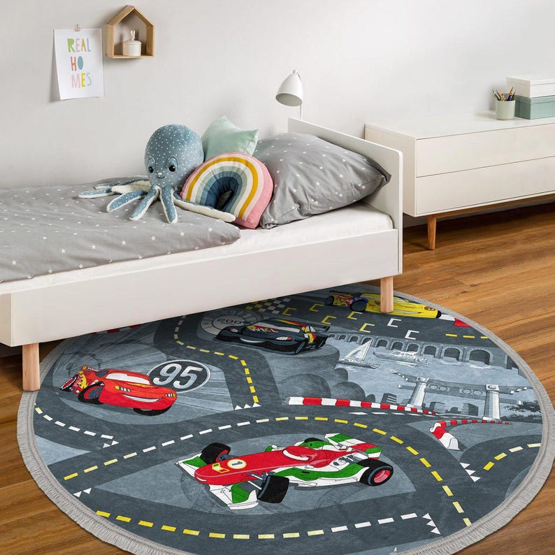 Round Kids Race Track Rug, Car Road Map Play Rug for Boys, Racing Cars ...