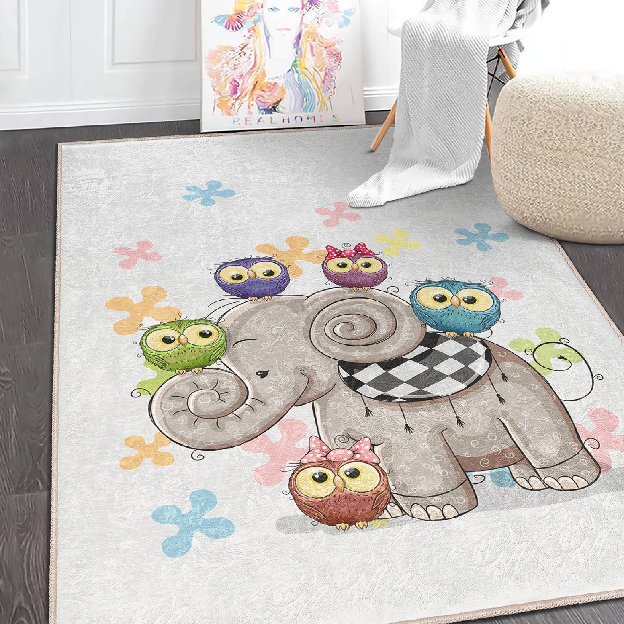 Colorful Elephant Owl Kids Area Rug|Animal Themed Nursery Carpet|Playroom Mat|Washable