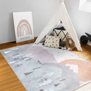 Scandinavian Kids Rug|Soft Color Baby Room Carpet|Nordic Area Rug|Geometric Modern Carpet|Boho Kids Floor Mat|Soft Color Nursery Rug|Gift