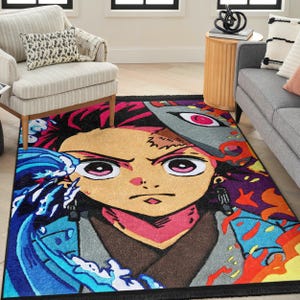 May include: A colorful rug with a cartoon character from the anime Demon Slayer. The character has pink hair, blue eyes, and is wearing a black and white outfit. The rug also features a wave pattern and flames.