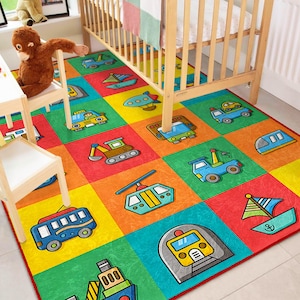 May include: A colorful children's rug with a transportation theme. The rug features squares with illustrations of various vehicles, including a bus, train, and boat. The rug is primarily red, green, yellow, and blue.