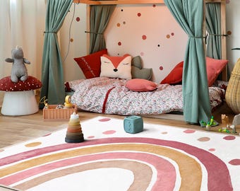 Multicolor Rainbow Nursery Rug|Scandinavian Style Babyroom Carpet|Pastel Colored Rainbow Activity Rug|Polka Dot Kids Room Mat|Boho Baby Room