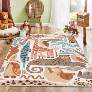 Dschungeltiere Teppich|Gemusterter Kinderteppich|Zootiere Babyzimmer Teppich|Tierteppich Für Baby Jungen|Anti Rutsch Kinderteppich|Boho Teppich