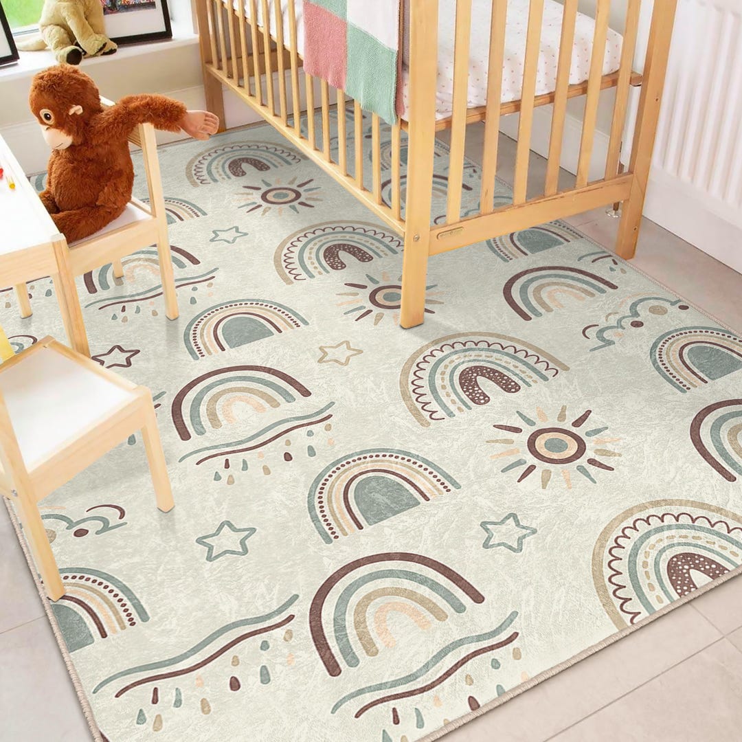 Child Rug Patterns Boho Rainbow Nursery Rug | Soft Cotton, Washable Kids Carpet ...