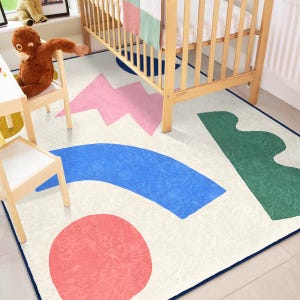 Modern Abstract Area Rug|Colorful Kids Room Rug|Geometric Babyroom Mat|Scandinavian Minimalist Kids Carpet|Pastel Kids Rug|Washable Kids Rug
