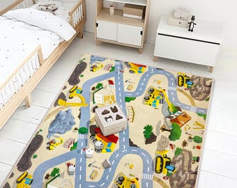 Construction Themed Rug|Road Map Kids Room Carpet|Educational Play Mat|City Building Patterned Boy Room Carpet|Driveway Kids Activity Rug