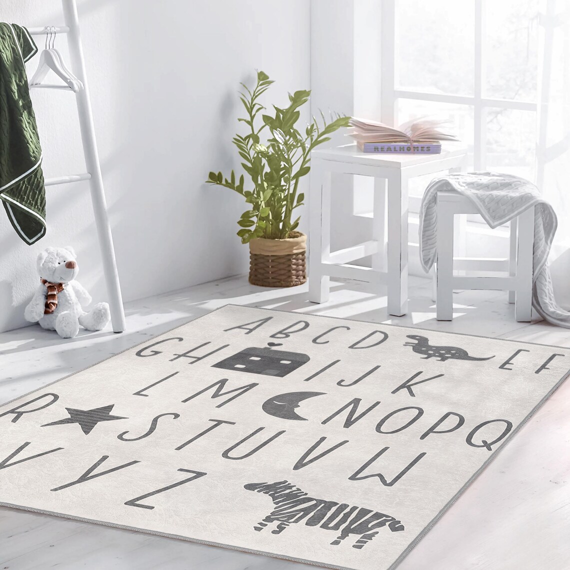 ABC Kids Room Rug|alphabet Toddler Mat|gray Nursery Carpet|modern ...