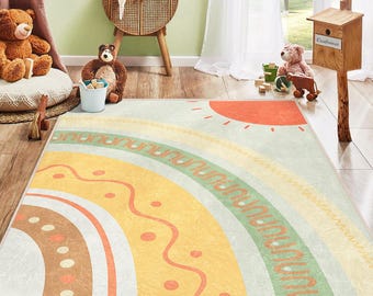 May include: A colorful rug with a rainbow design in shades of yellow, green, orange, and brown. The rug features a sun design in the top center and a repeating pattern of wavy lines and dots.