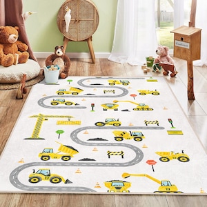 Wegenkaart kindertapijt|Bouwvoertuigen Speelkleed voor kinderen|Oprit kinderkamerinrichting|Tapijt jongenskamer met graafmachinepatroon|Educatieve kindermat