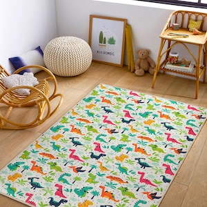 Colorful Cute Dinosaurs Kids Rug|Dinosaurs Nursery Activity Mat|Dinosaur Kids Carpet|Non-Slip Play Mat|Dinosaur Area Rug|Dino Nursery Rug