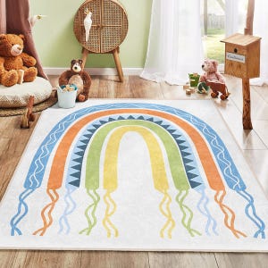 Colorful Rainbow Patterned Kids Rug|Boho Style Babyroom Carpet|Non-Slip Baby PlayMat|Gift For Baby Girl|Modern Rainbow Nursery Rug
