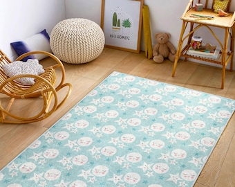 Moon and Stars Nursery Rug | Blue Sky Kids Play Mat|Boy Room Decor Carpet|Washable