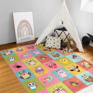 Alfombra colorida y divertida/Alfombra para niños pequeños con temática de pájaros/Alfombra de dibujos animados para dormitorio de niños/Alfombra de sala de juegos con búhos/Regalo para bebé recién nacido/Alfombra con temática de animales