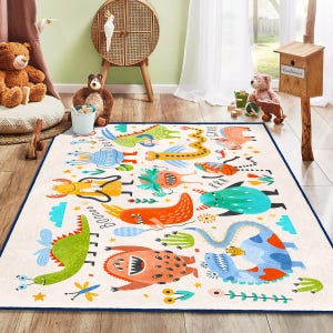 Alfombra con estampado de animales divertidos para habitación de bebé/alfombra de dibujos animados de colores para guardería/alfombra de sala de juegos con animales de dinosaurios/alfombra caprichosa para habitación de niños/alfombra de safari en la jungla