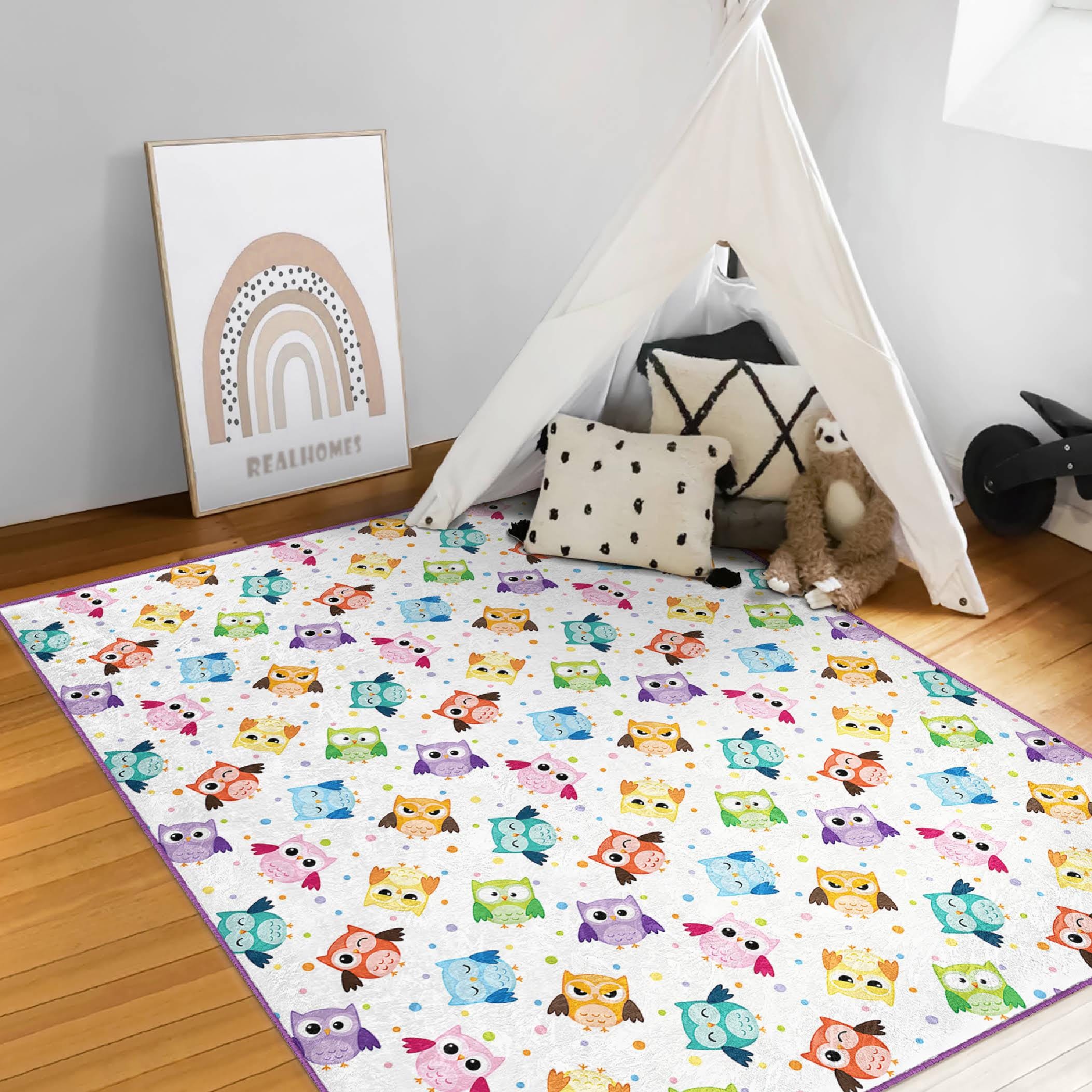 Colorful Cute Owl Baby Kids Room Rug|Multicolored Owl Printed Newborn Room Carpet|Educational Childr