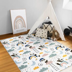 Alfombra colorida con diseño de panda, diseño de luna, nube y estrellas, para guardería, osito de peluche, moderna y antideslizante, para habitación de niños, regalo de inauguración de la casa