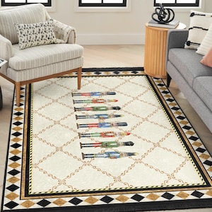 May include: A white and gold rug with a repeating diamond pattern. The rug features a row of colourful nutcracker figurines in the centre.