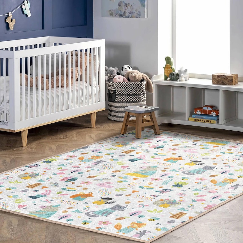 Cheerful Animal Figures Kids Rug|woodland Themed Kids Room Carpet ...